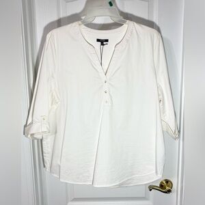 NYDJ Henley Popover Notched V-neck 3/4 Roll Tab Sleeve Top White XL